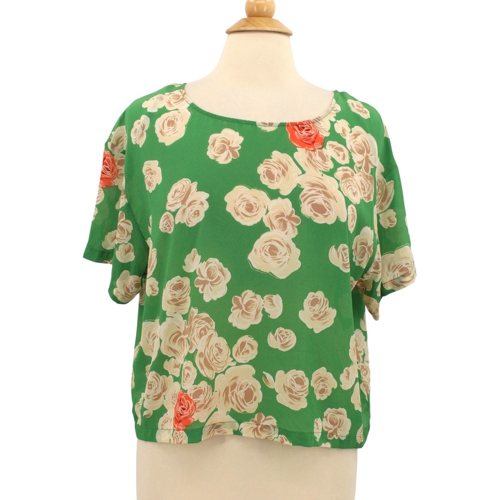 Anthropologie Postmark Silk Blouse womens 8 Green Floral‎ Pleat Back Cottagecore